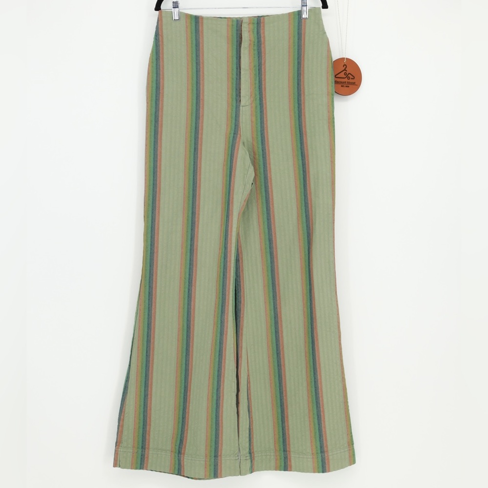 Free People Wide-Leg Striped Pants in Sage Green with Blue & Rust Stripes